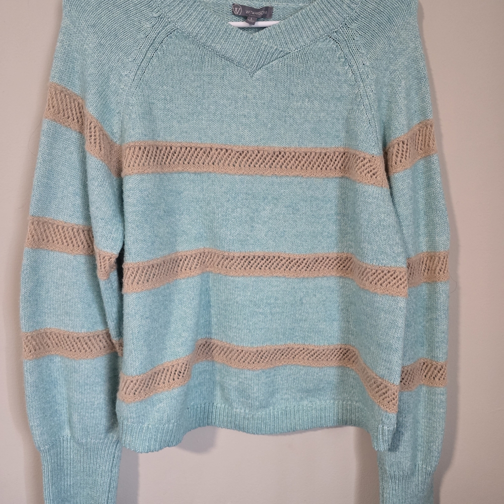 Wit & Wisdom Aqua and Tan Striped Scoop-Neck Sweater